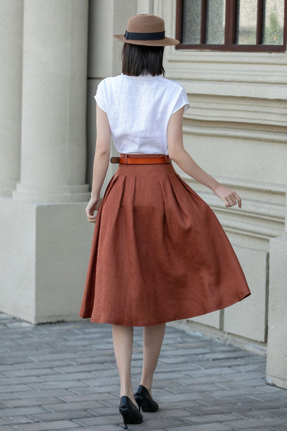 Rust Linen A-Line Midi Skirt - Pleated, Flowy Silhouette 4904