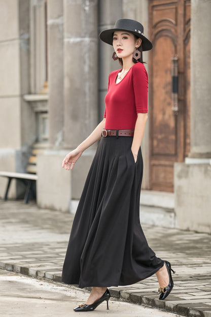 Women Black Pleated Linen Maxi Skirt with Pockets  2777