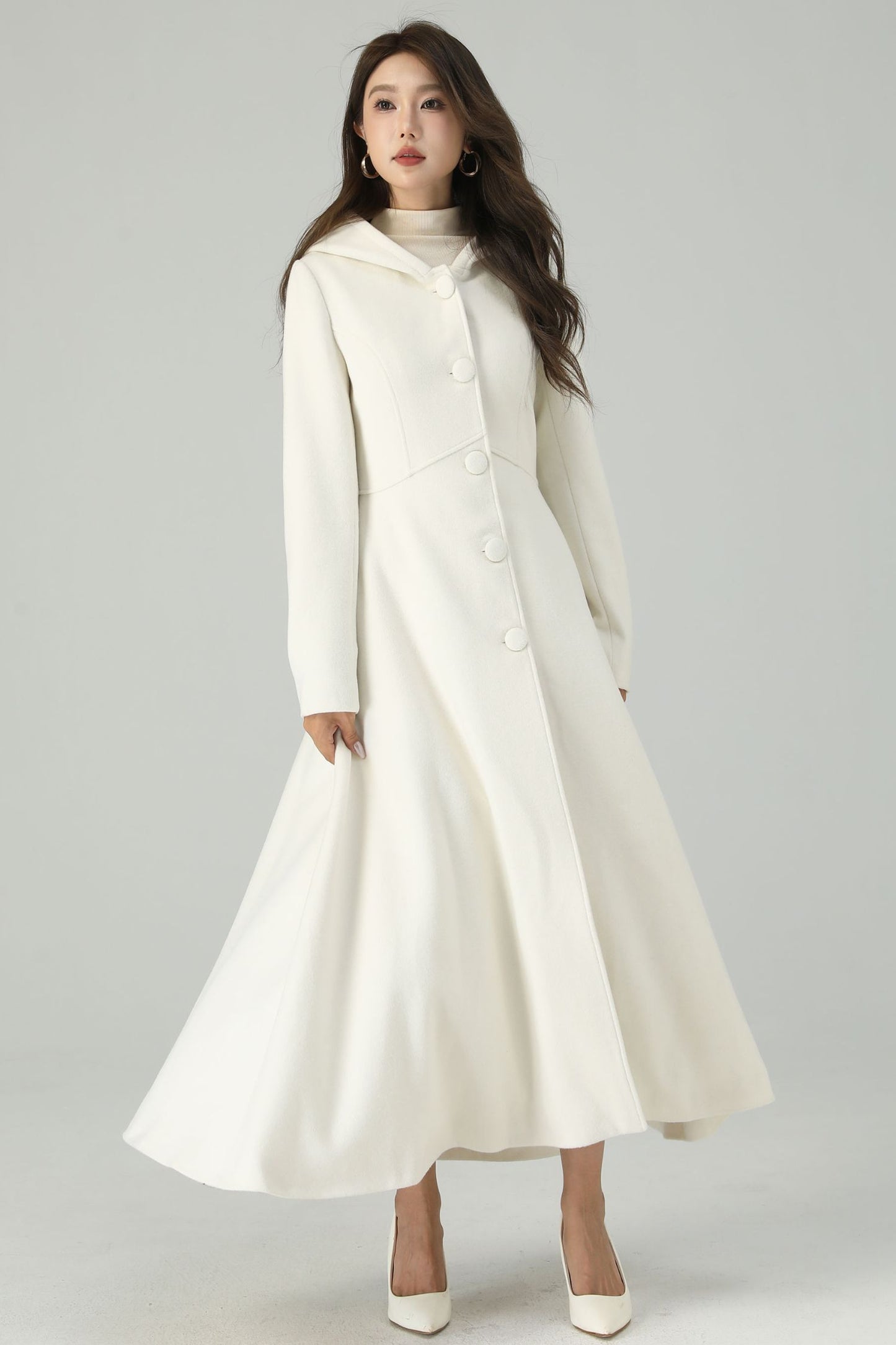 Hooded maxi white wedding wool coat 4519