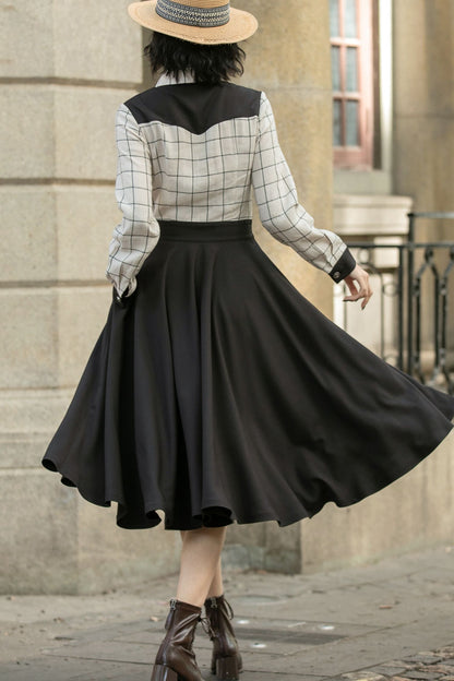 Plaid Linen Cotton A-Line Midi Dress - Relaxed Fit, Shirt Collar 5686