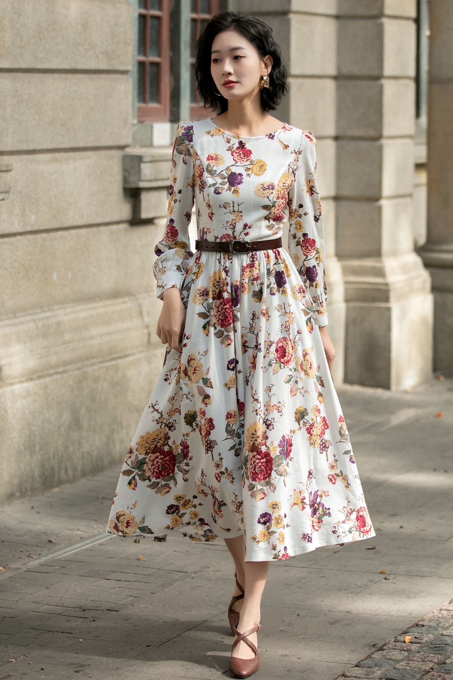 Floral Linen Maxi Dress Handmade Long Sleeve Vintage Swing Dress | Xiaolizi Floral / XS Floral Linen Maxi Dress Handmade Long Sleeve Vintage Swing Dress | Xiaolizi Floral / XS