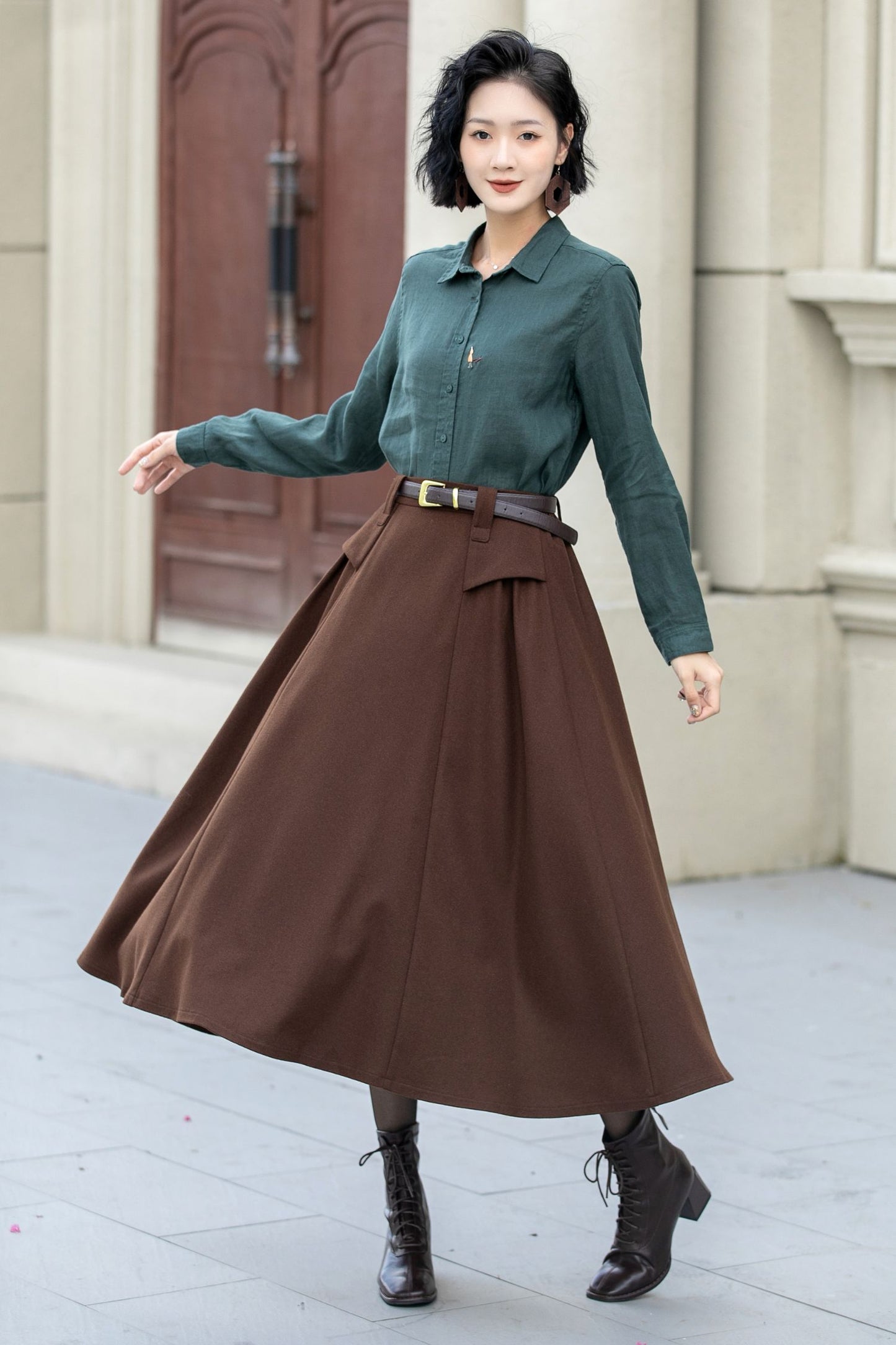 A line brown midi wool skirt women 5356