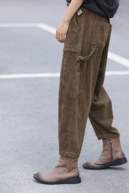 Olive Wool Corduroy Wide Leg Pants - Back Elastic Waist 5593