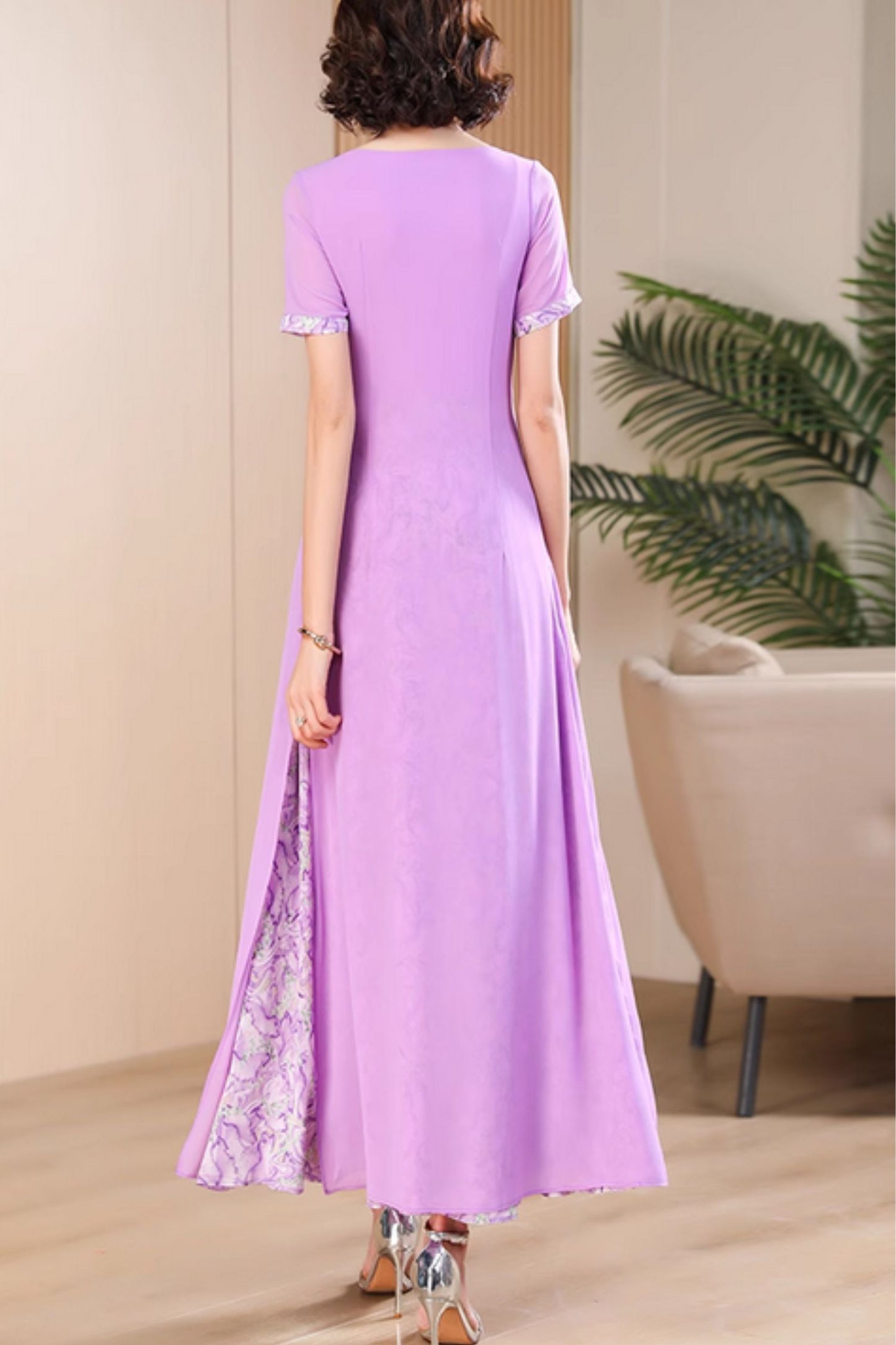 Block color maxi purple chiffon dresses 5010