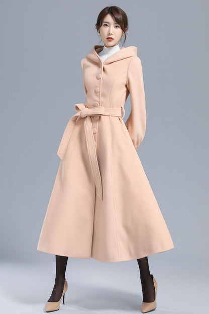 Handmade Wool Hooded Coat – Lantern Sleeve Belted Winter Long Overcoat | Xiaolizi 3210