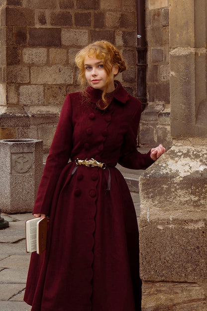 Handmade Burgundy Wool Coat – Vintage Winter Princess Dress Coat 4743