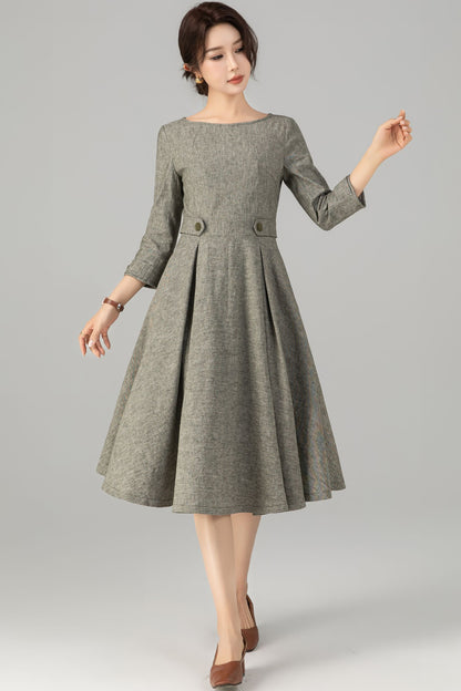 Army Green Linen Cotton Midi Dress - Vintage A-Line Silhouette 5706