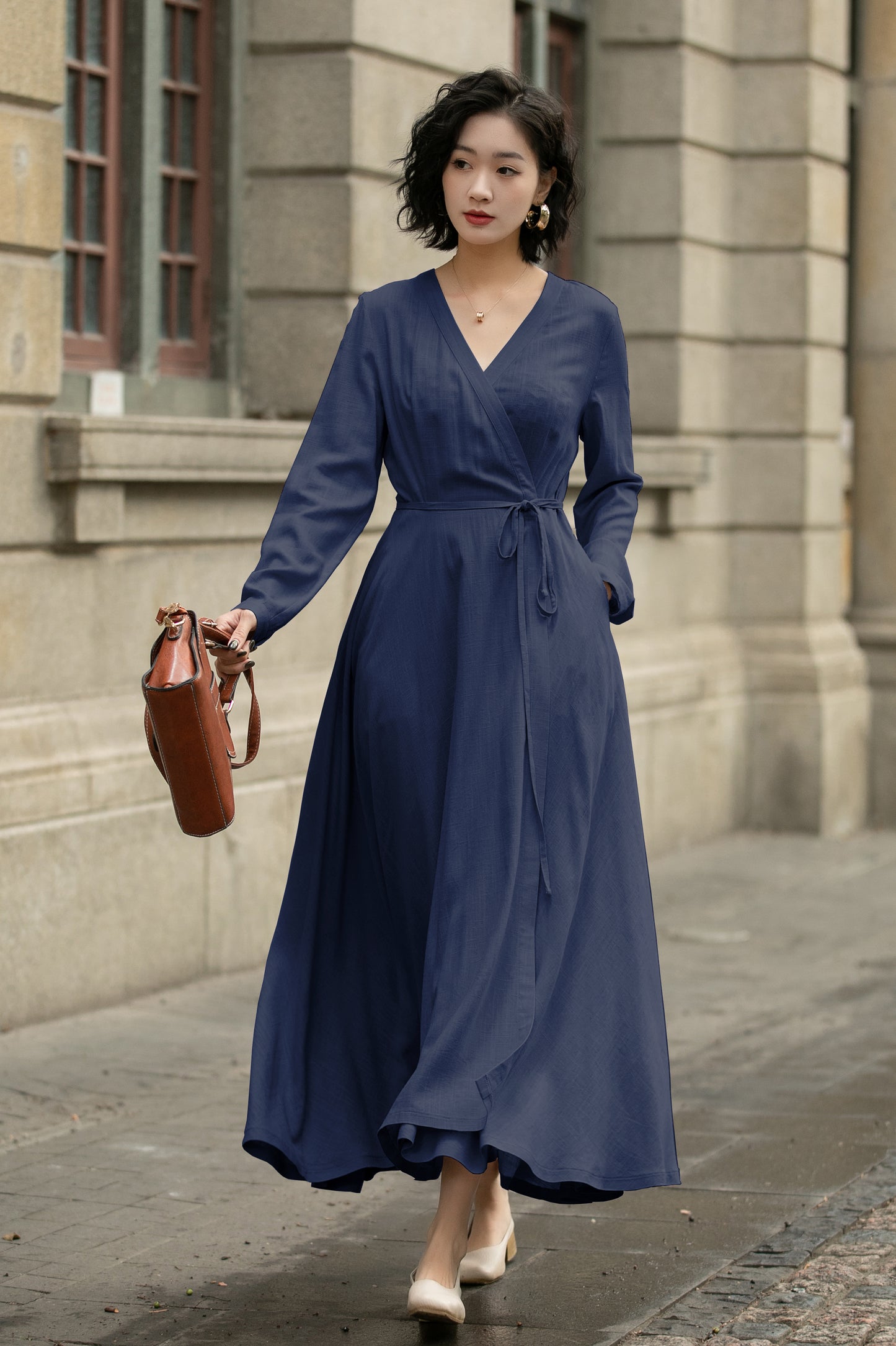 Handmade Linen Cotton Wrap Midi Dress – Vintage Elegant V-Neck Swing Dress 6301
