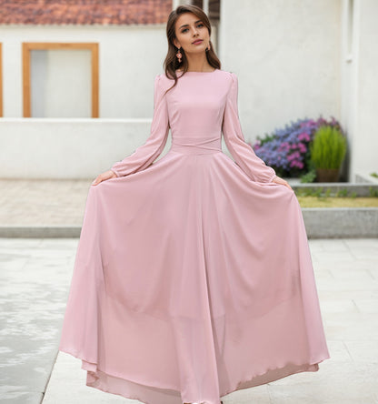 Pink Chiffon Maxi Dress with Long Sleeve Swing Silhouette – Xiaolizi