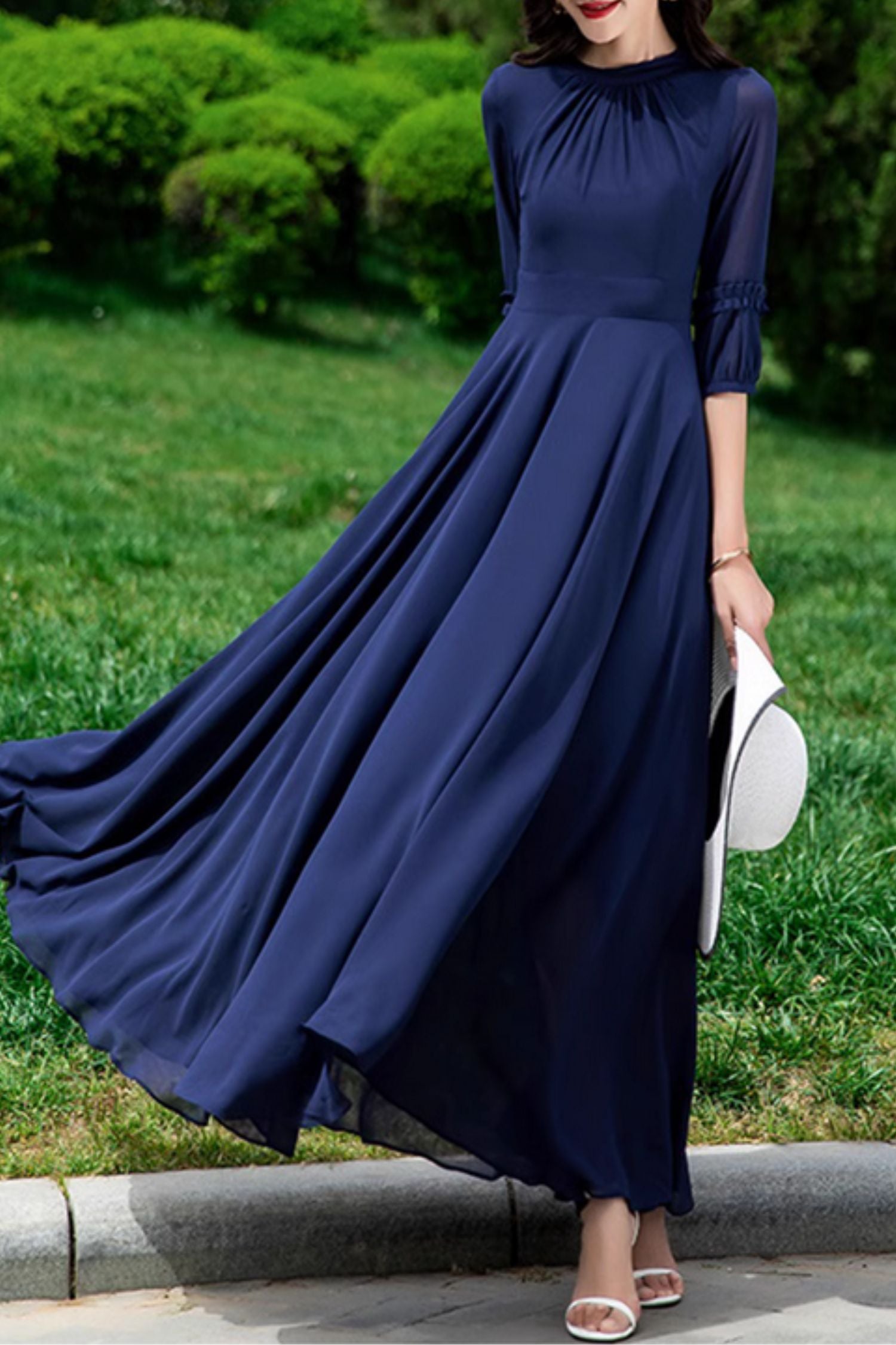 Navy Blue Chiffon Maxi Dress - A-Line Formal Gown