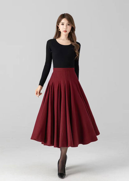 Women's Red Wool Swing Midi Skirt – Warm Winter Pleated High Waist Skirt | Xiaolizi 4782