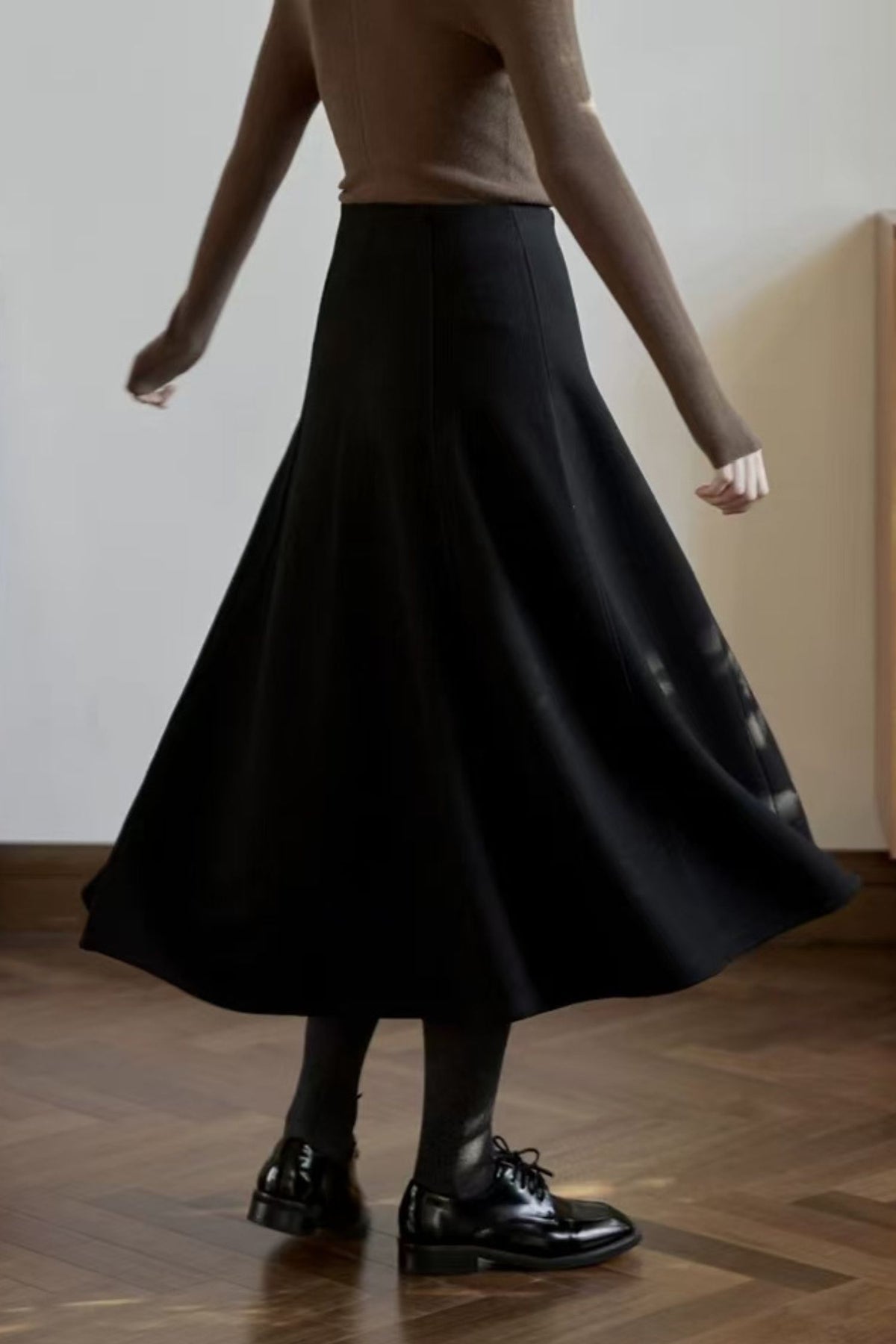 Black Wool Blend Midi A-line Skirt, High Waist Flared Skirt for Women 7025