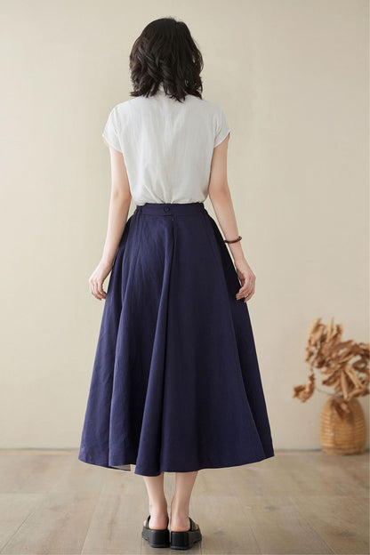 A line navy blue swing midi linen skirt 4971 -Size XS #CK2400195