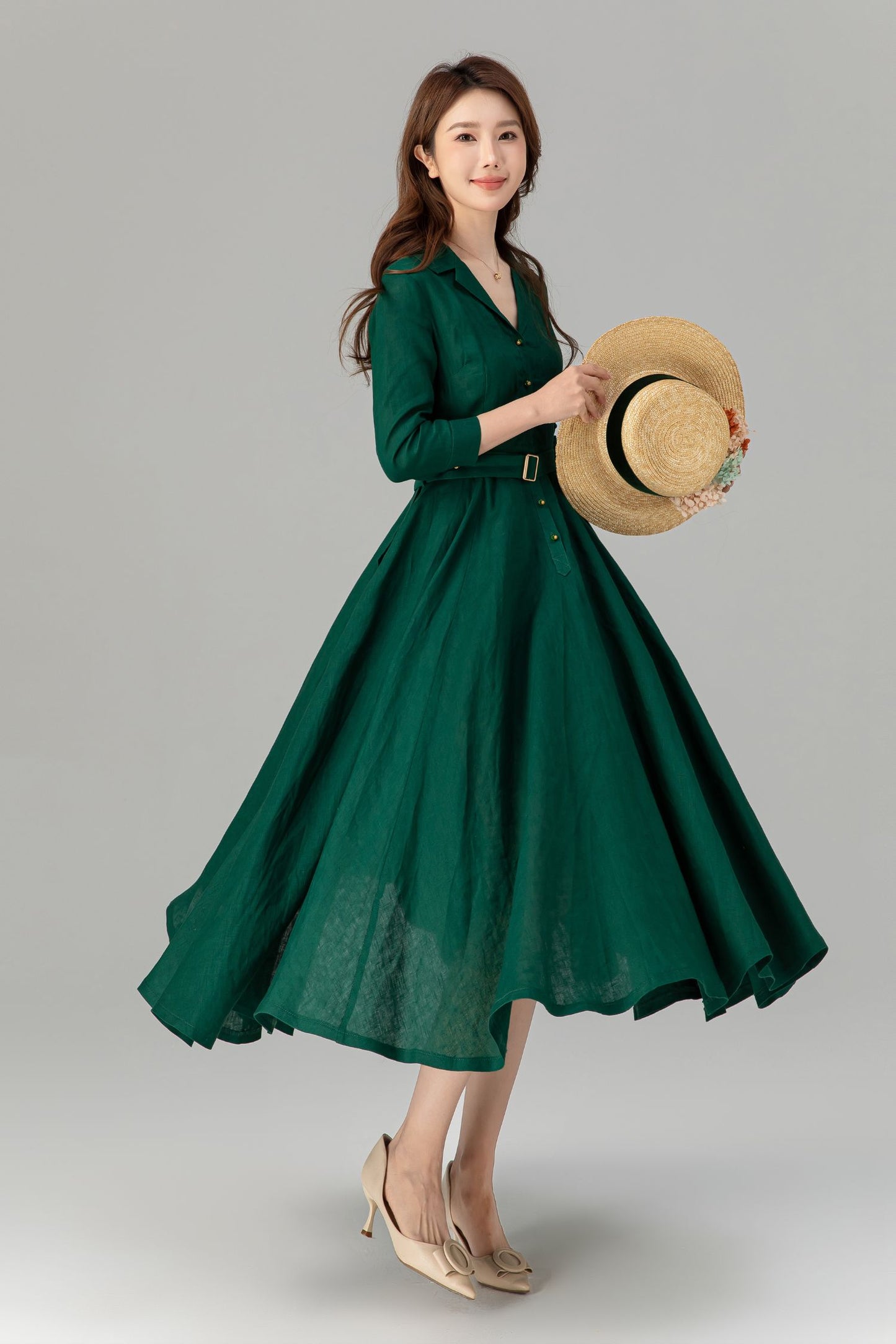 Spring green midi shirt dress with tie belt waist 4909