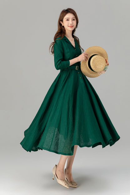 Green Linen Blend Midi Shirt Dress - Fit and Flare with Tie Belt Waist 4909