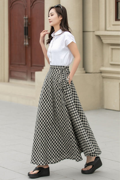 Plaid maxi swing wrap linen skirt 4946 -Size XS #CK2400347