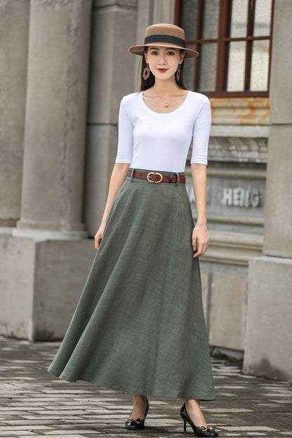 Green A Line Maxi  Linen Skirt with Pockets  2784