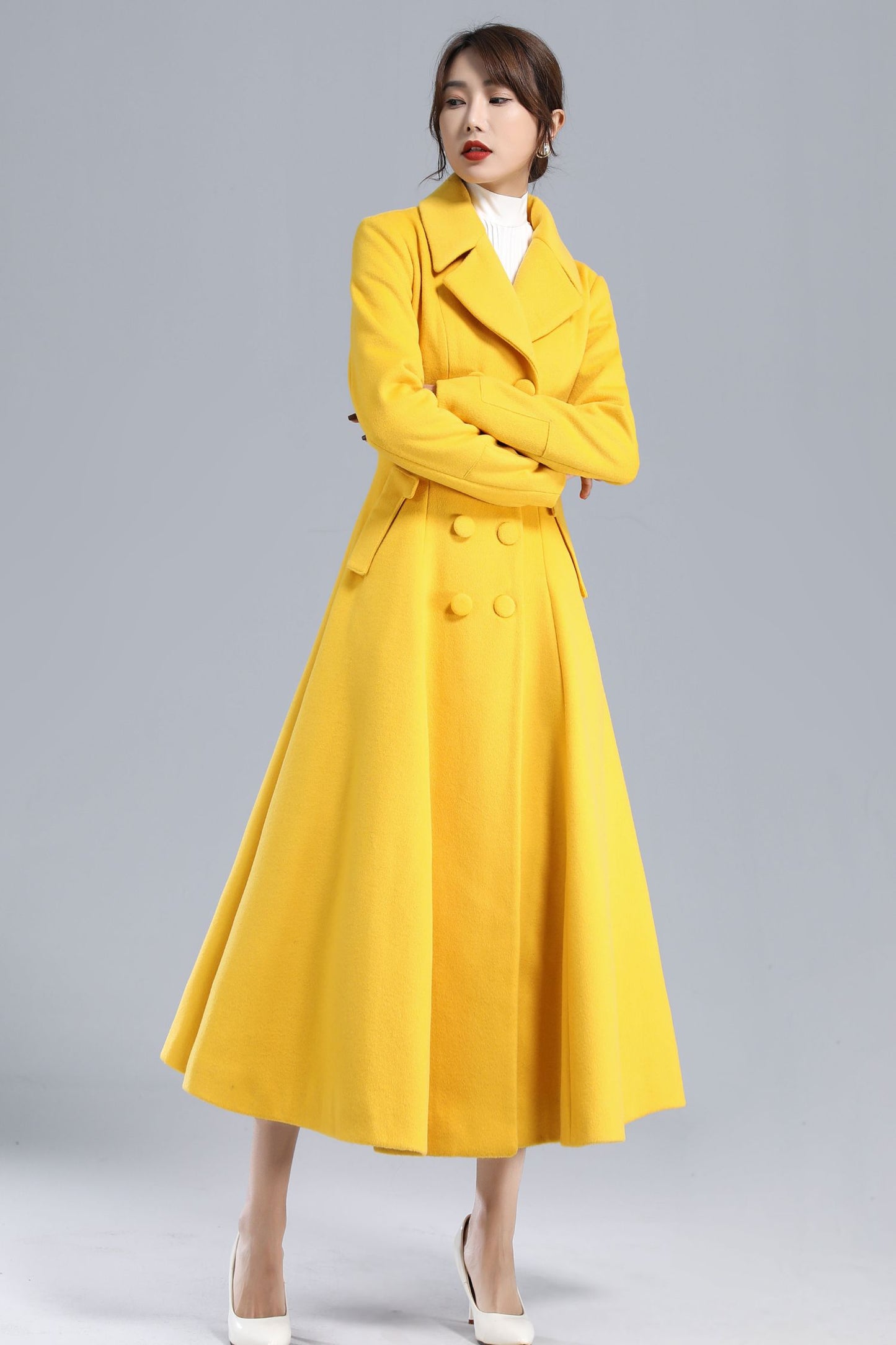 Yellow Winter Long Wool Coat Women 3234