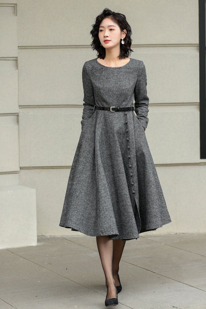 Grey Wool Midi Dress - Elegant A-Line Fit with Button Detail 6423