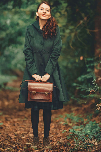 Vintage Green Wool Coat – Handmade Hooded Winter Overcoat for Women 2493