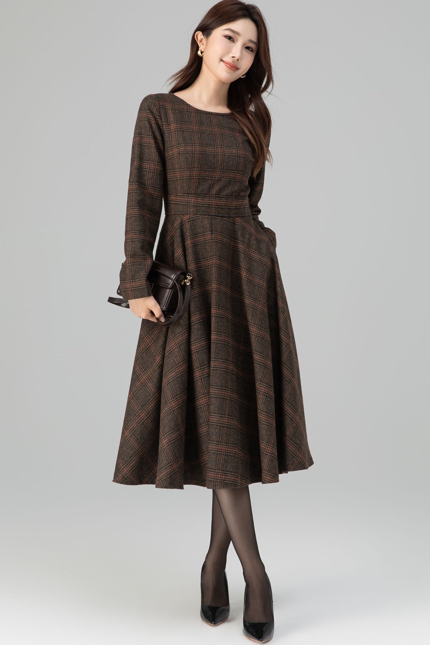 Brown Wool Blend Plaid Dress – Handmade Vintage Midi Winter Style | Xiaolizi 6391