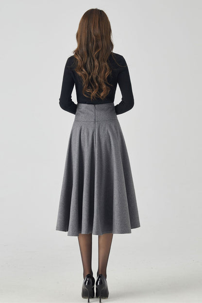 Handmade Deep Gray Wool Midi Skirt – Vintage V-Waist Circle Skirt for Winter Elegance 4534