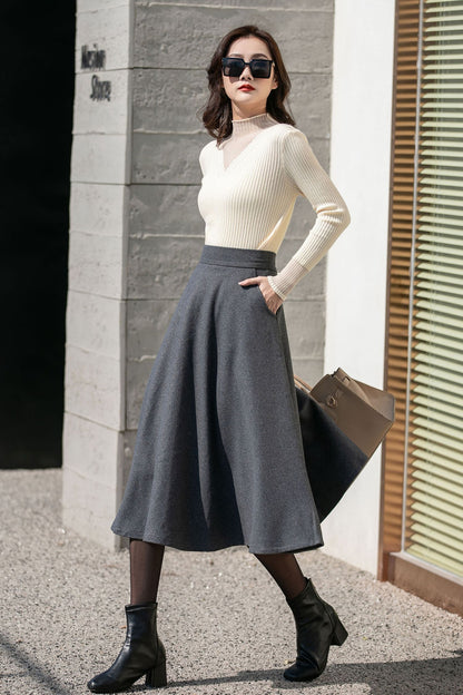 Gray Wool Midi Skirt - Flowy A-Line Winter Elegance 4130