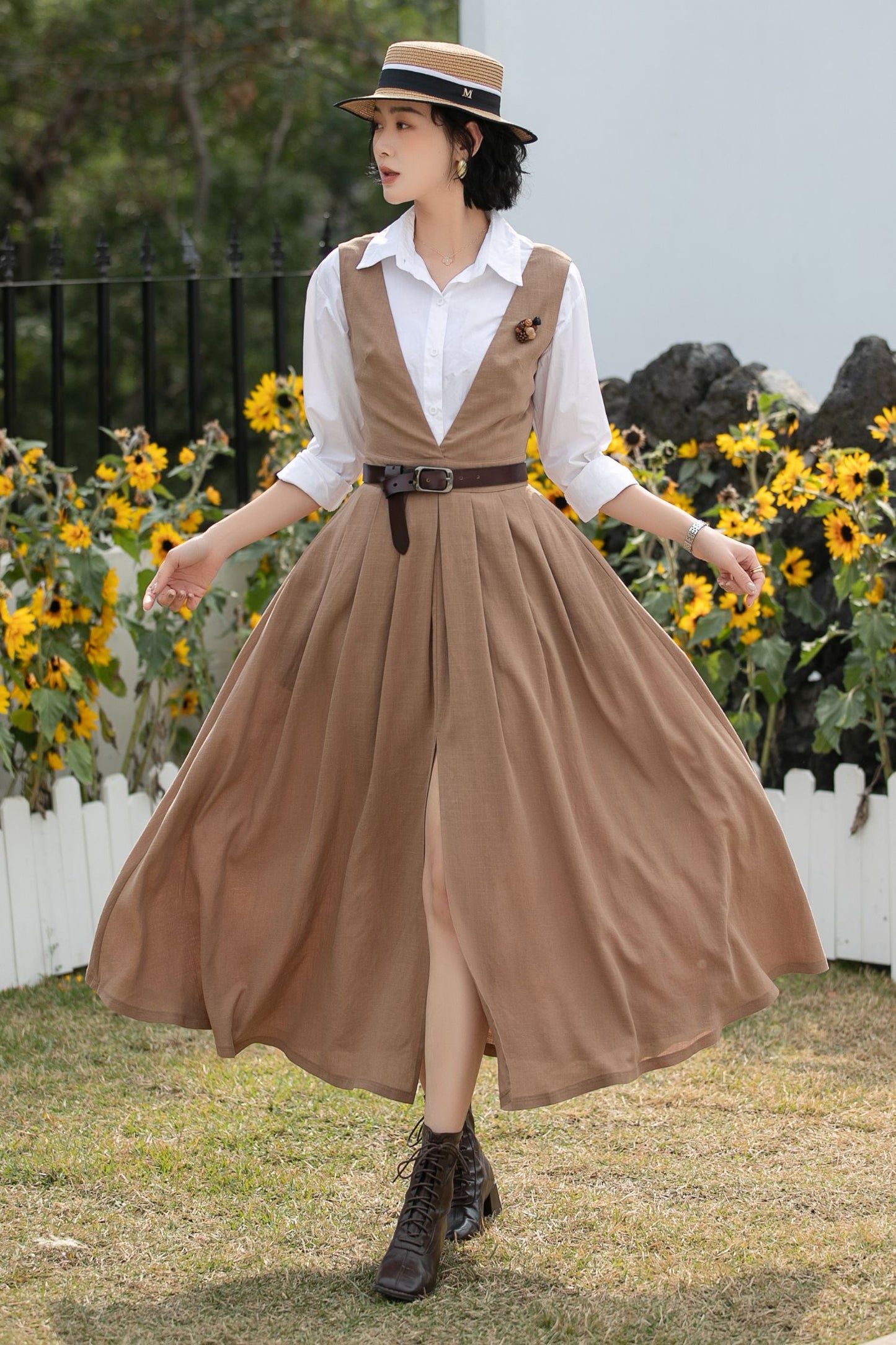 Xiaolizi Linen Pinafore Dress – Vintage V Neck Midi Swing Dress 6690