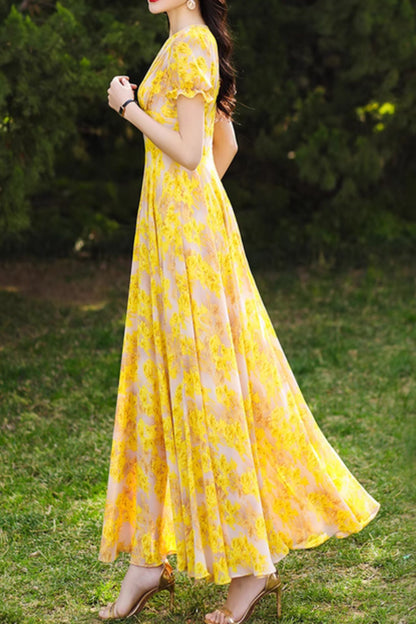 Yellow Floral Chiffon Maxi Dress - Romantic V-Neck, Fitted Waist 5093