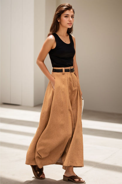 Handmade Linen Maxi Skirt – Camel High Waist A-Line Skirt with Pockets | Xiaolizi 5121