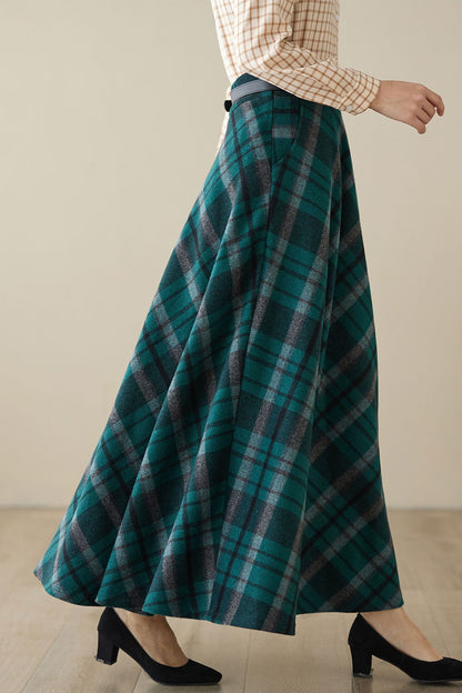 Handmade Deep Green Plaid Wool Maxi Skirt – High Waist A-line Winter Long Skirt | Xiaolizi 4628