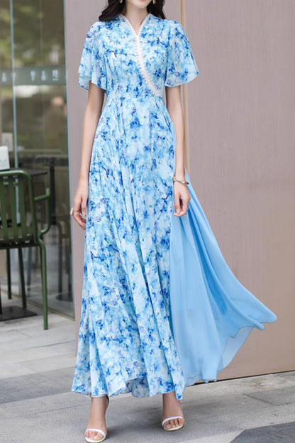 Blue Floral Chiffon Maxi Dress - V-Neck, Short Swing Sleeves 5016