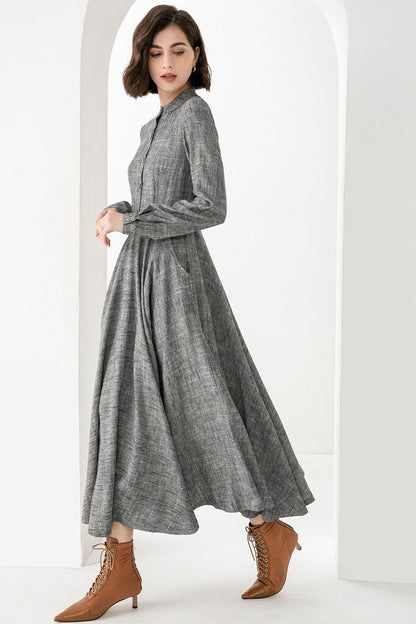 Grey Linen Cotton Maxi Dress - Button Front Relaxed Fit | Xiaolizi 3831