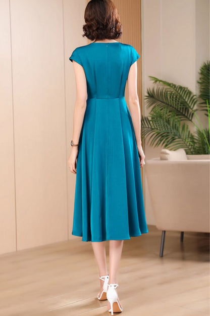 Teal Polyester Midi Fit and Flare Dress - V-Neck, Cape Sleeves 5054