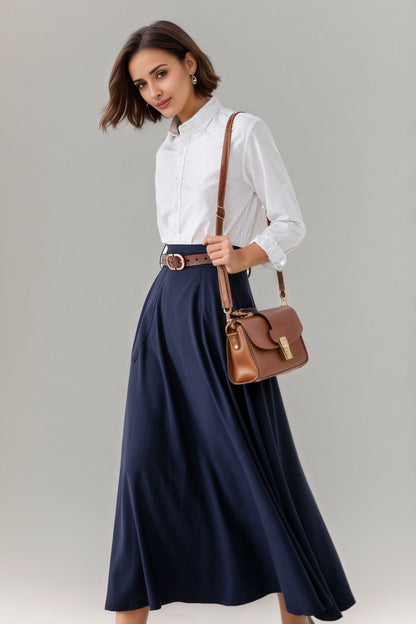 Handmade Cotton Blend A-Line Midi Skirt – Vintage High Waist Swing Skirt with Pockets 6302