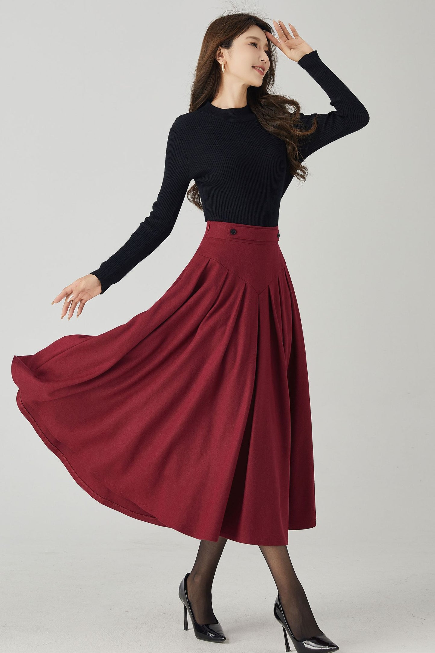 Burgundy winter/autumn midi wool skirt 4528