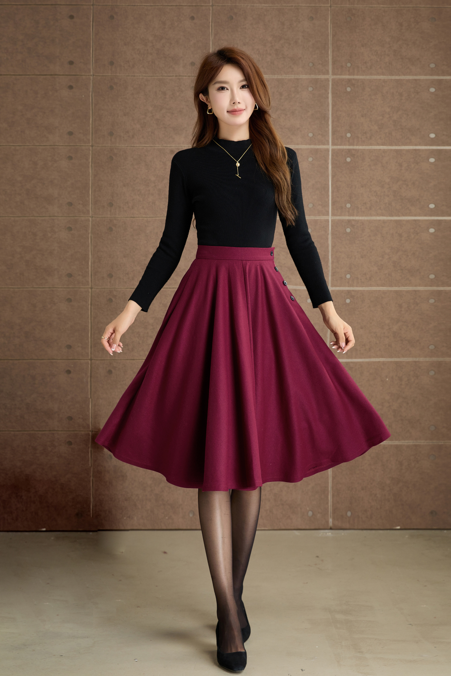 Burgundy knee length swing wool skirt 5362