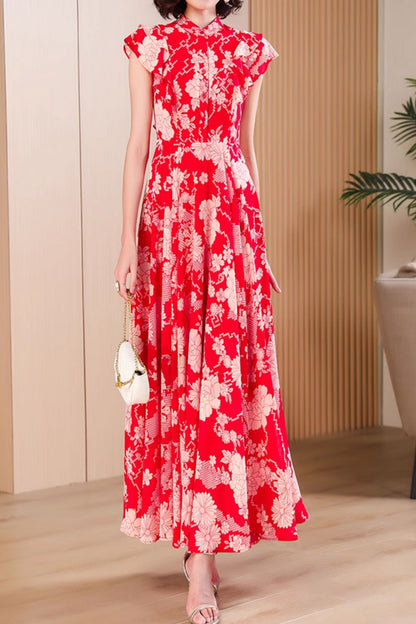 Red floral printed maxi chiffon dresses for women 4990