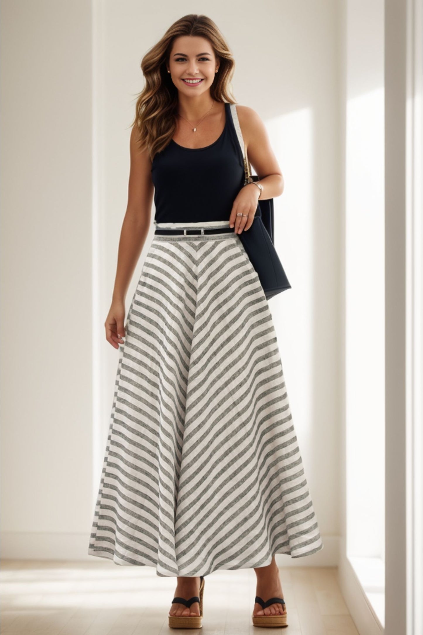 Maxi a line stripled summer linen skirt 5120