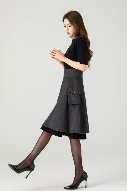 Gray Wool Skater Skirt – Asymmetrical Layered Pocket Midi Skirt 4629