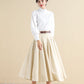 Women Beige Pleated Linen Midi Skirt 2797