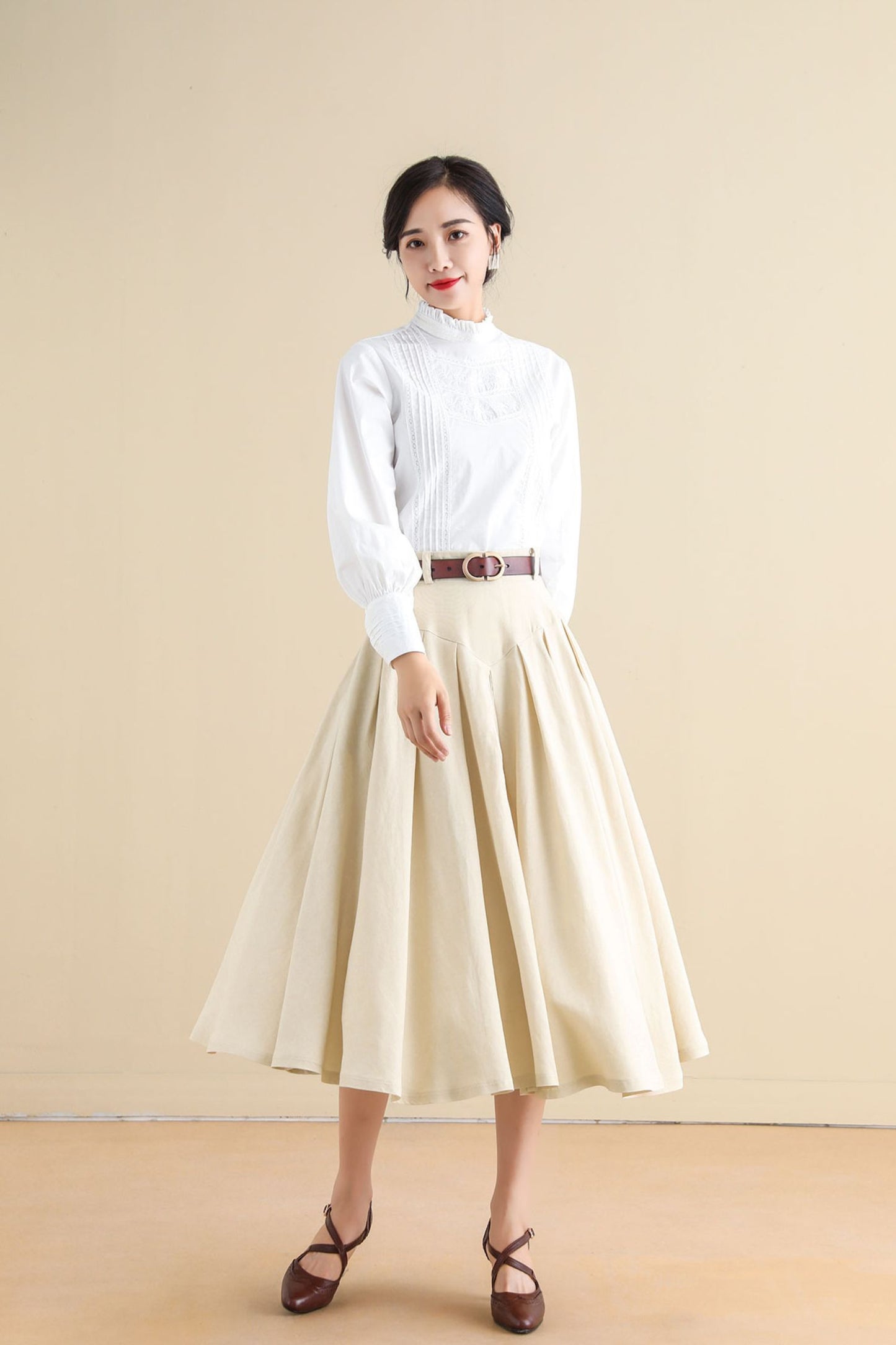 Women Beige Pleated Linen Midi Skirt 2797