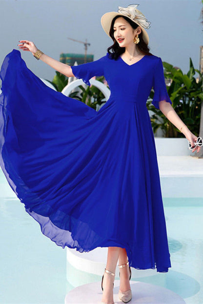 Chiffon Maxi Swing Dress - V-Neck Ruffle Sleeve Prom | Xiaolizi TT0039