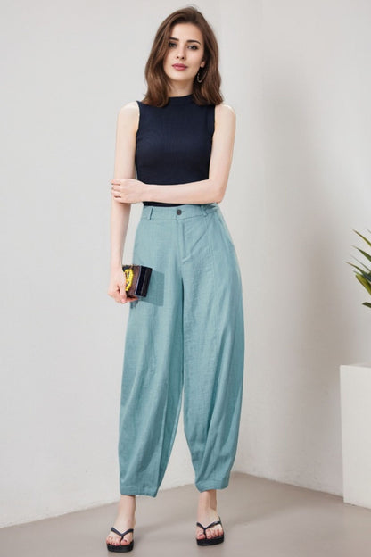 Blue Linen Blend Casual Pants - Baggy Fit with Side Pockets 2191