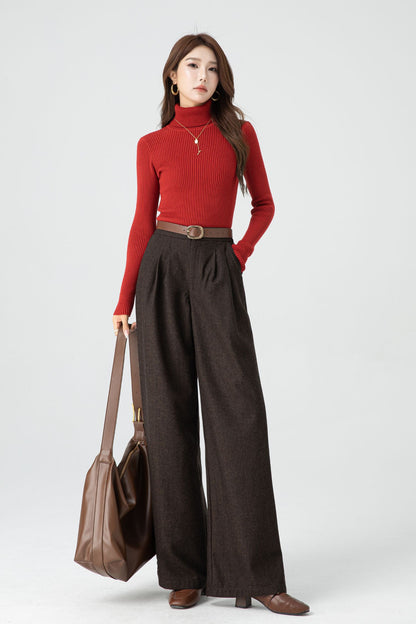 Brown Wool Wide Leg Pants - Soft Lined Winter Essential 5318