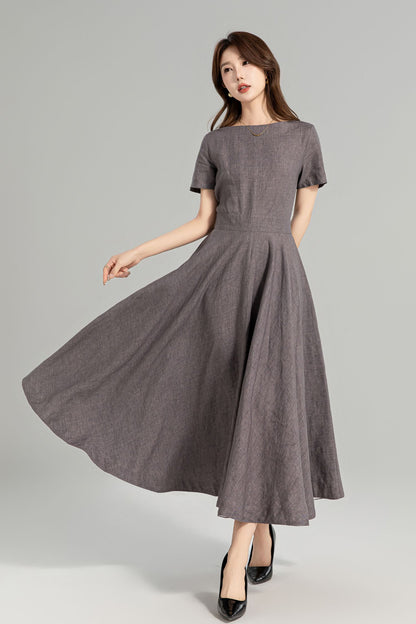 Cottagecore Linen Midi Dress with Pockets – Vintage Fit and Flare Summer Dress 4960