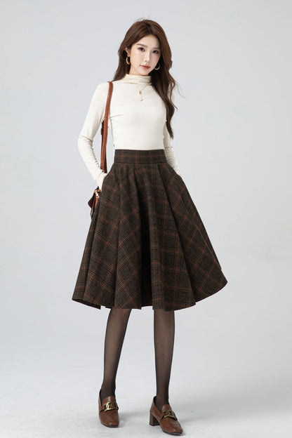 Brown Plaid Wool Midi Skirt – Vintage High Waist Pleated Circle Skirt 5323