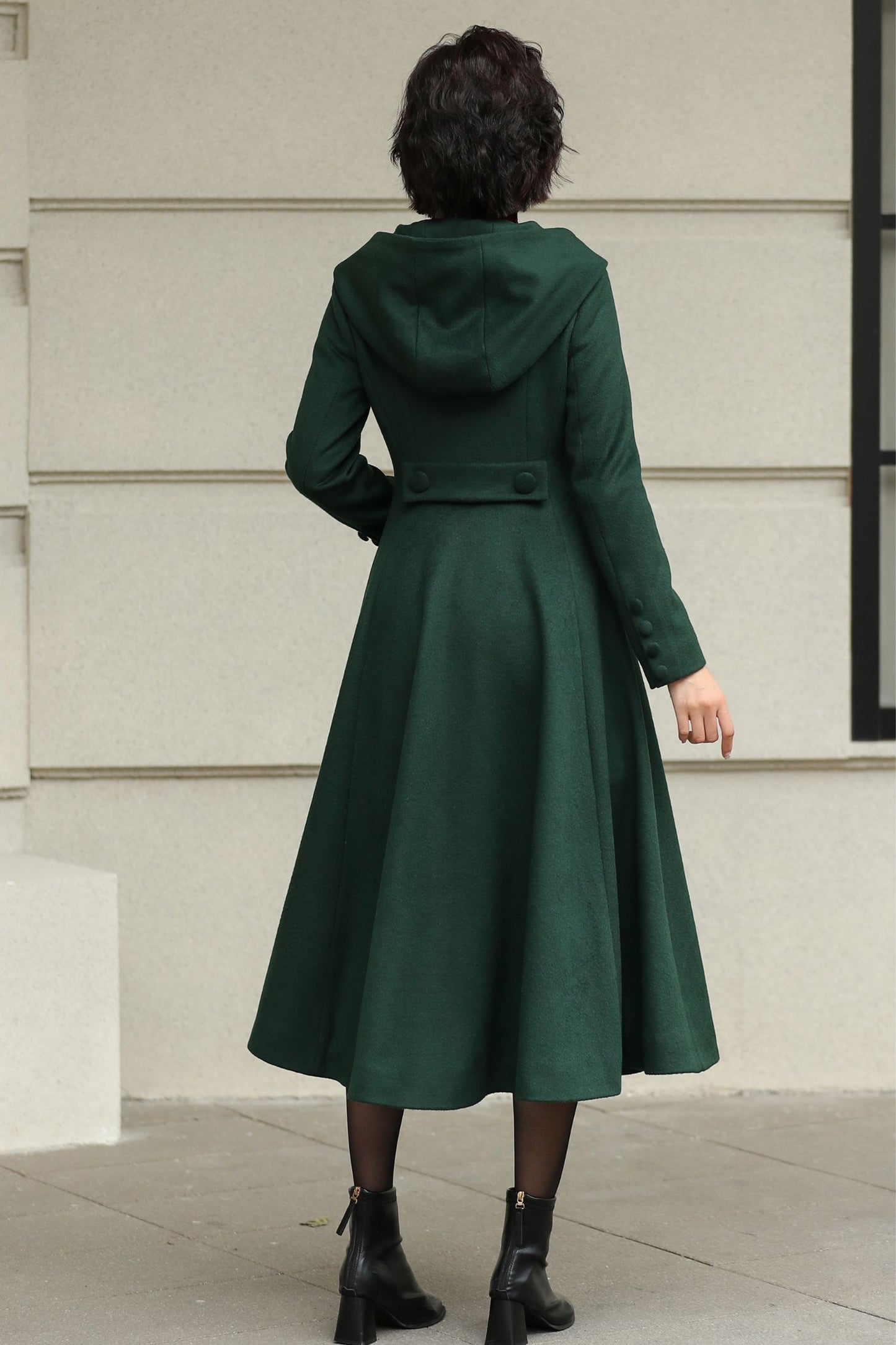 Green Hooded Wool Coat – Handmade Long Fit and Flare Double-Breasted Winter Overcoat for Women 6537