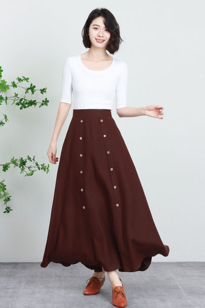 Brown Linen Maxi Skirt - Flowing Button Front with Elastic Waist 5733