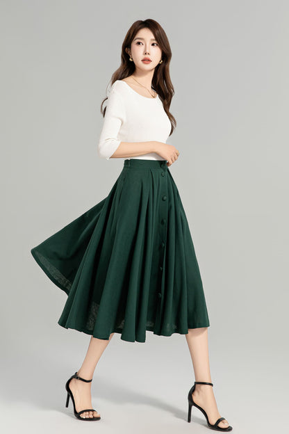 Dark Green Button-Down Linen Midi Skirt – A-Line, Pockets, Elastic Back | Xiaolizi 4963